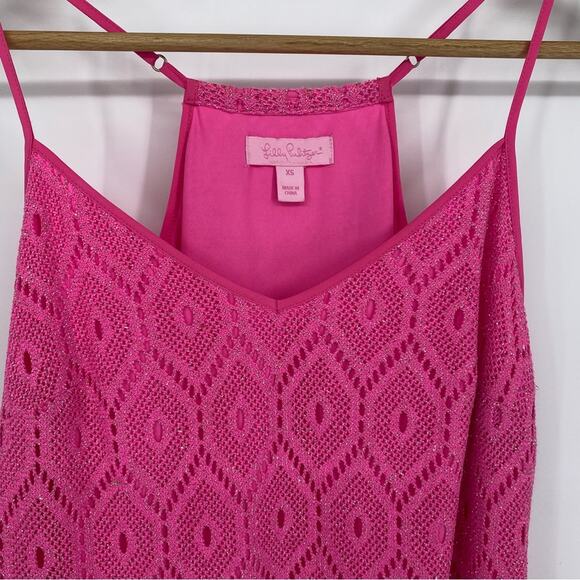Lilly Pulitzer Dress Dusk Pink Metallic XS Lace Sleeveless Shift Mini Slip Pop - Picture 6 of 11